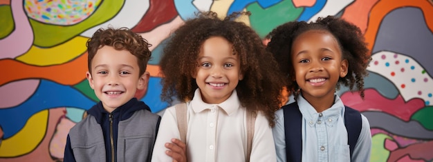 Photo groupe d'écoliers multiethniques heureux souriant sur fond coloré créé avec la technologie generative ai