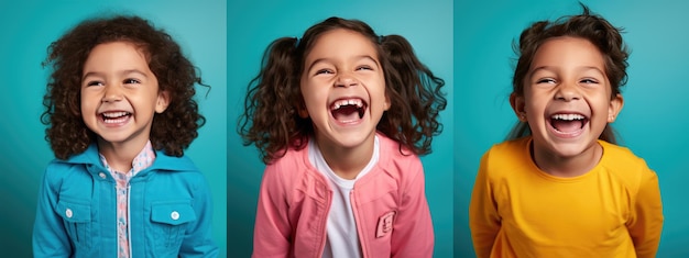 Groupe d'écoliers multiethniques heureux souriant sur fond coloré