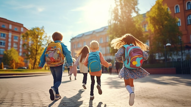 Groupe d'écoliers avec des sacs à dos sur le chemin de l'école Concept de retour à l'école Generative ai