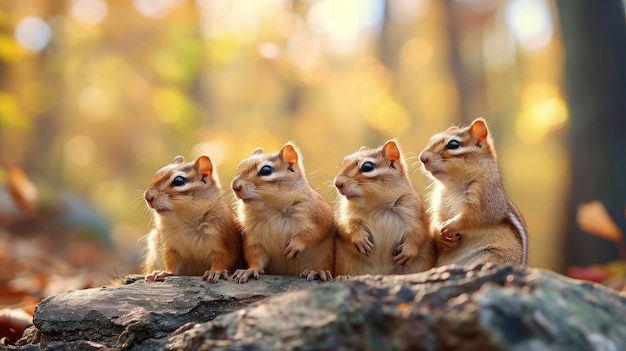Un groupe d'écureuils drôles dans la nature