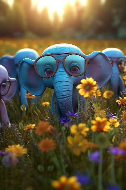 Un groupe d'éléphants dans un champ de fleurs