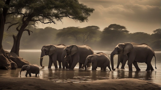 Un groupe d'éléphants mignons dans un magnifique lac dans la jungle