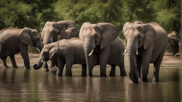 Un groupe d'éléphants mignons dans un magnifique lac dans la jungle