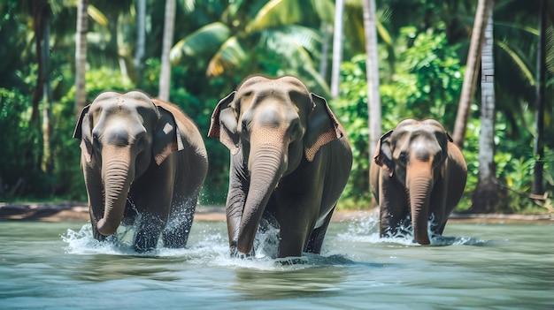 Un groupe d'éléphants près d'un ruisseau dans la jungle