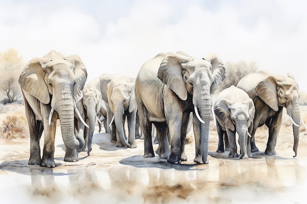 Un groupe d'éléphants réunis autour d'un point d'eau peinture aquarelle belles formes naturelles nettes formes propres fond blanc coloré générer ai