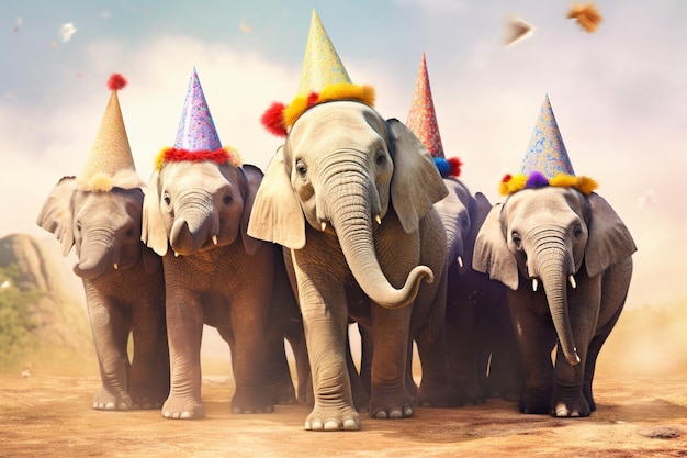 Un groupe d'éléphants souriants isolés avec des chapeaux d'anniversaire