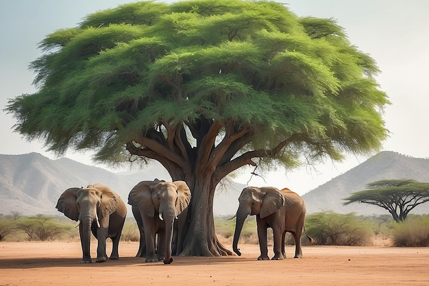 Un groupe d'éléphants sous le grand arbre vert dans le désert