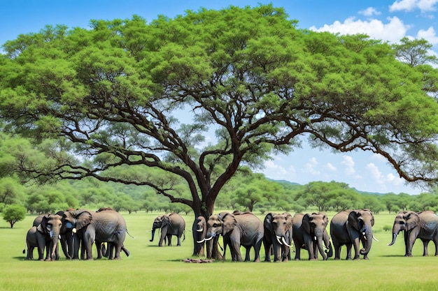 un groupe d'éléphants sous le grand arbre vert