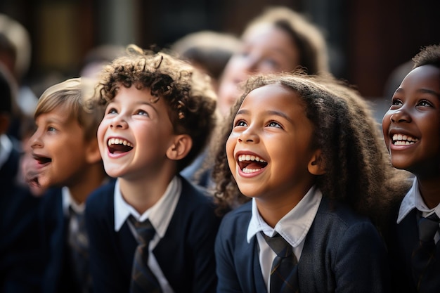Groupe d'élèves de 10 ans portant l'uniforme en salle de classe avec un moment heureux