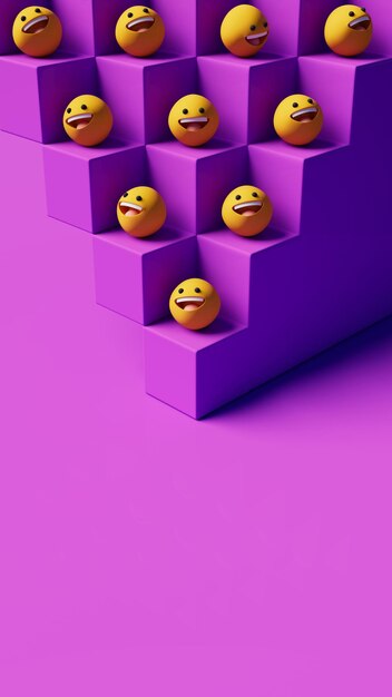 Groupe d'émoticônes smiley sur la structure du cube dans un cadre violet concept de bonheur illustration 3d