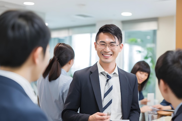 Un groupe d'employés masculins dans le bureau de l'entreprise sourit en arrière-plan