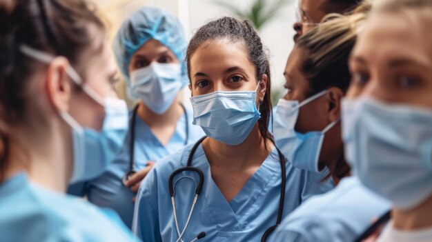 Un groupe d'employés de la santé rassemblés dans la salle de repos, y compris un médecin adjoint, tous