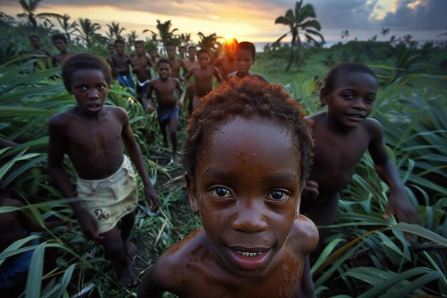 un groupe d'enfants africains courant dans le champ