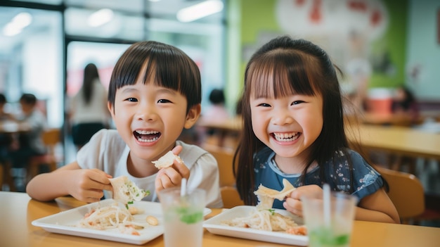 Photo groupe d'enfants d'âge préscolaire assis dans la cafétéria de l'école à déjeuner