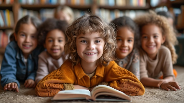 Photo un groupe d'enfants allongés sur le sol devant un livre