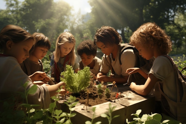 Photo un groupe d'enfants apprenant le compostage et 00151 02