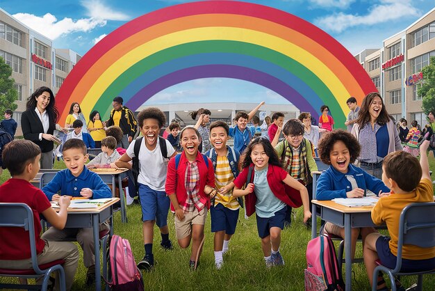 un groupe d'enfants avec des arcs-en-ciel et des arches-en-arc à l'arrière-plan