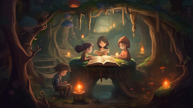 Un groupe d'enfants assis autour d'un arbre lit un livre.