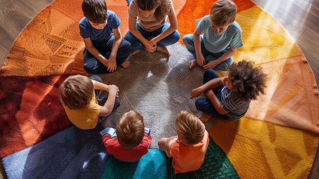 Un groupe d'enfants assis sur un tapis