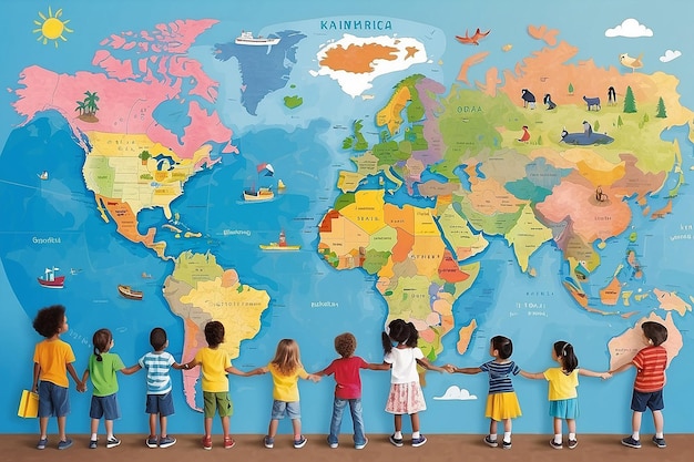 Un groupe d'enfants autour d'une carte du monde