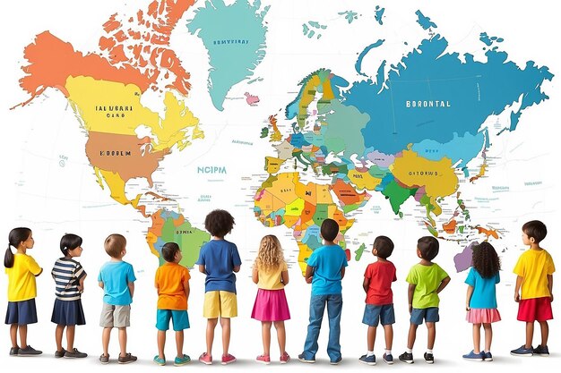 Un groupe d'enfants autour d'une carte du monde