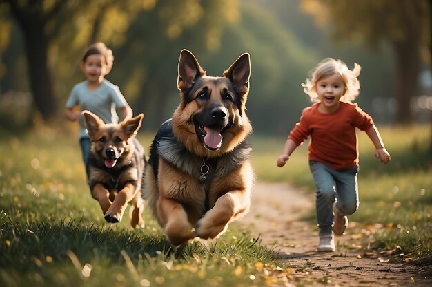 Un groupe d'enfants et un berger allemand courent dans le parc.