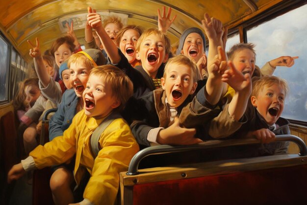 Un groupe d'enfants à bord d'un bus avec le mot " à l'arrière.