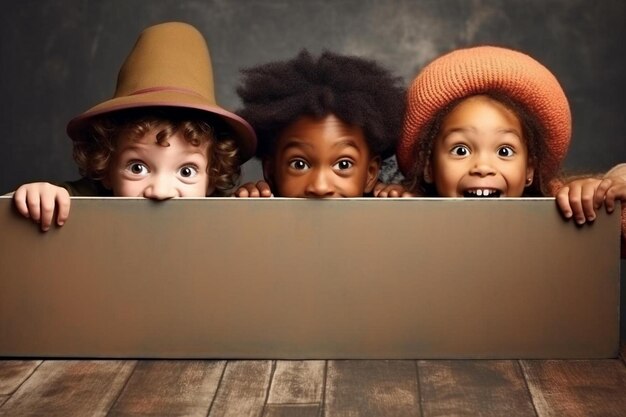 un groupe d'enfants avec des chapeaux sont dans une boîte