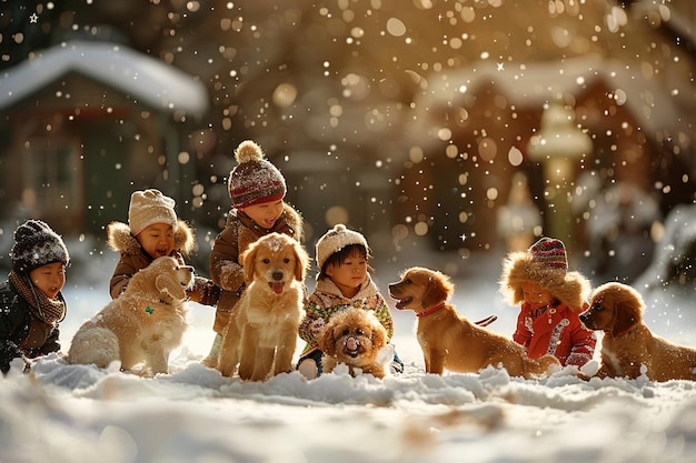 Un groupe d'enfants et de chiens jouent dans la neige.