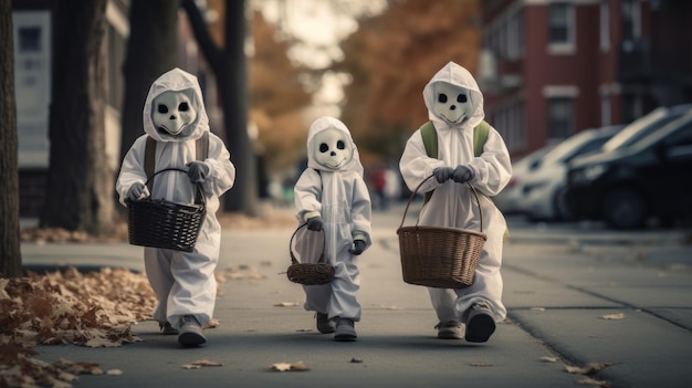 Un groupe d'enfants en costumes de fantômes blancs avec des paniers pour des friandises d'Halloween
