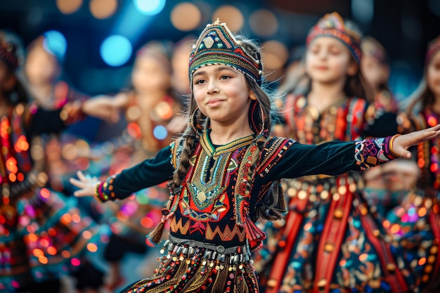 Un groupe d'enfants en costumes folkloriques vibrants exécutant une danse traditionnelle lors d'un festival culturel