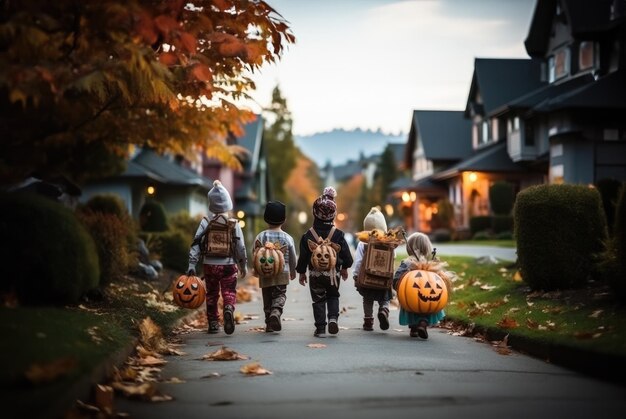 Un groupe d'enfants en costumes d'Halloween imaginatifs prêts à explorer le quartier pour des friandises