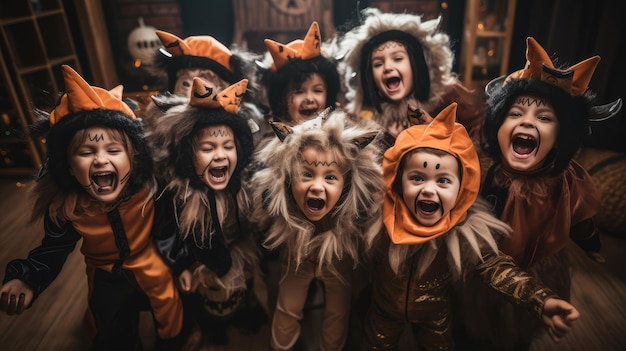 Groupe d'enfants en costumes d'Halloween s'amusant à la fête d'halloween