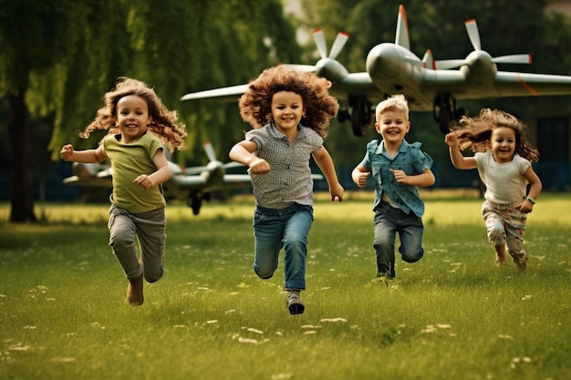 un groupe d'enfants courant devant un avion avec le mot heureux sur le côté