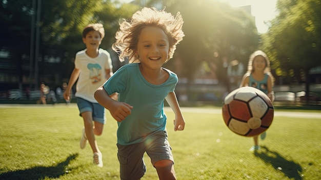 Photo groupe d'enfants courant à travers le terrain avec des ballons de football journée des enfants