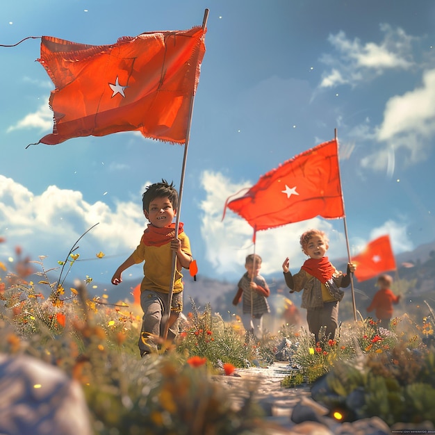 un groupe d'enfants courent dans un champ avec des drapeaux rouges