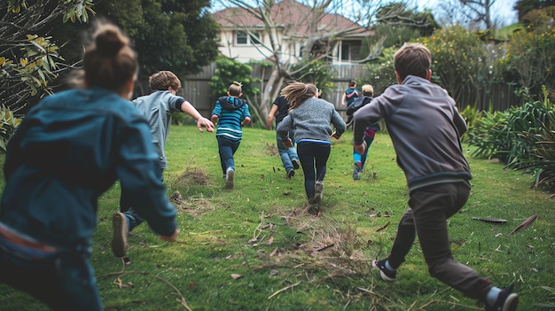 Photo un groupe d'enfants courent dans un champ avec une maison en arrière-plan