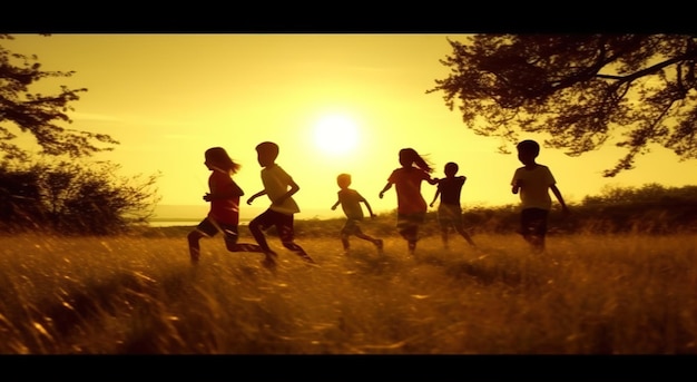 Un groupe d'enfants courent dans un champ avec le soleil se couchant derrière eux