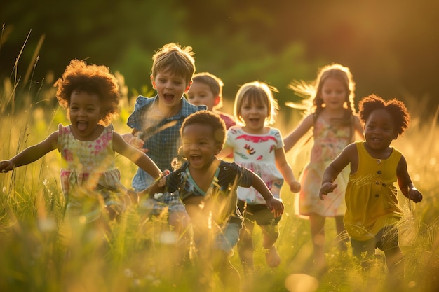 Un groupe d'enfants court à travers un champ de fleurs.