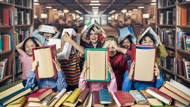 Photo un groupe d'enfants couvrant leur visage avec des livres