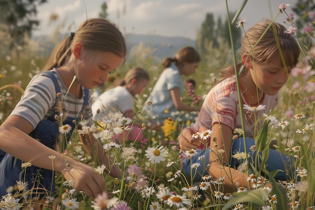 Un groupe d'enfants cueillent des fleurs sauvages et font du bouquet.