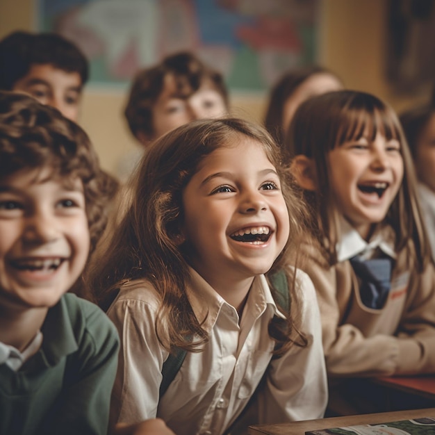 Un groupe d'enfants dans une salle de classe riant et riant.