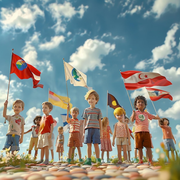 Photo un groupe d'enfants debout autour d'un groupe d'enfant avec des drapeaux et des drapeau