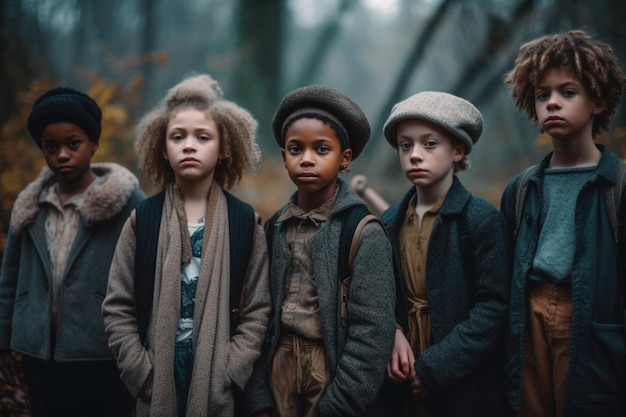 Un groupe d'enfants debout dans une forêt portant des chapeaux et des vestes.