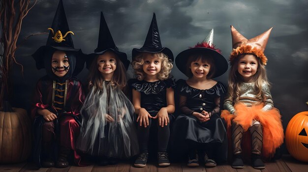 Un groupe d'enfants déguisés en costumes d'Halloween IA générative