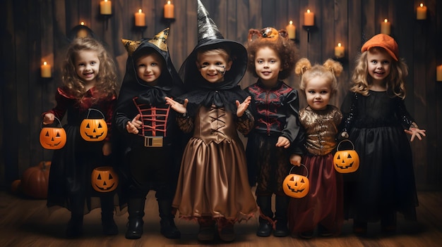 Un groupe d'enfants déguisés en costumes d'Halloween IA générative