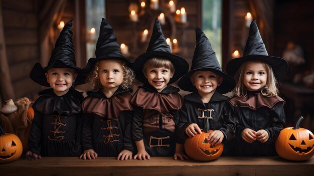 Un groupe d'enfants déguisés en costumes d'Halloween
