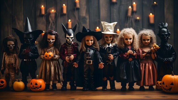 Un groupe d'enfants déguisés en costumes d'Halloween