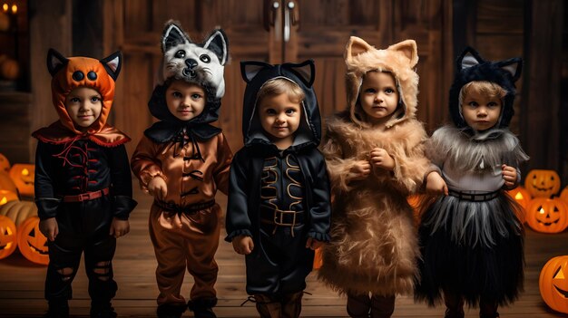 Un groupe d'enfants déguisés en costumes d'Halloween