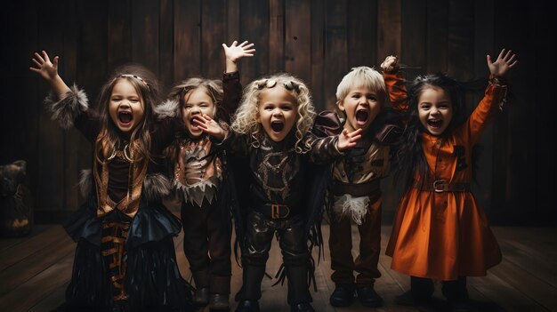 Un groupe d'enfants déguisés en costumes d'Halloween